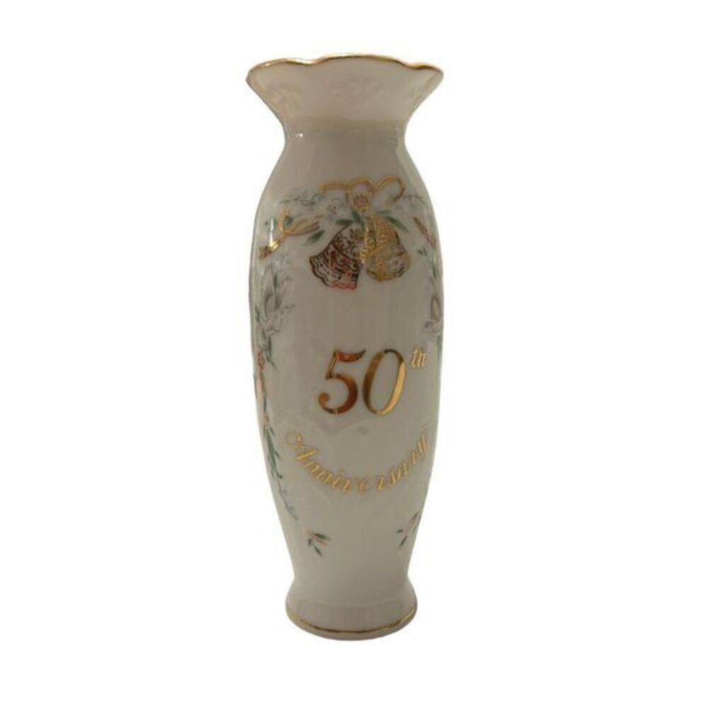 Lefton 50th Anniversary Porcelain Vase Elegant Floral‎ Gold Trim Collectiblech